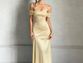 Women's Off Shoulder Satin Maxi Dress Lace Up Back Formal Evening Party Gown