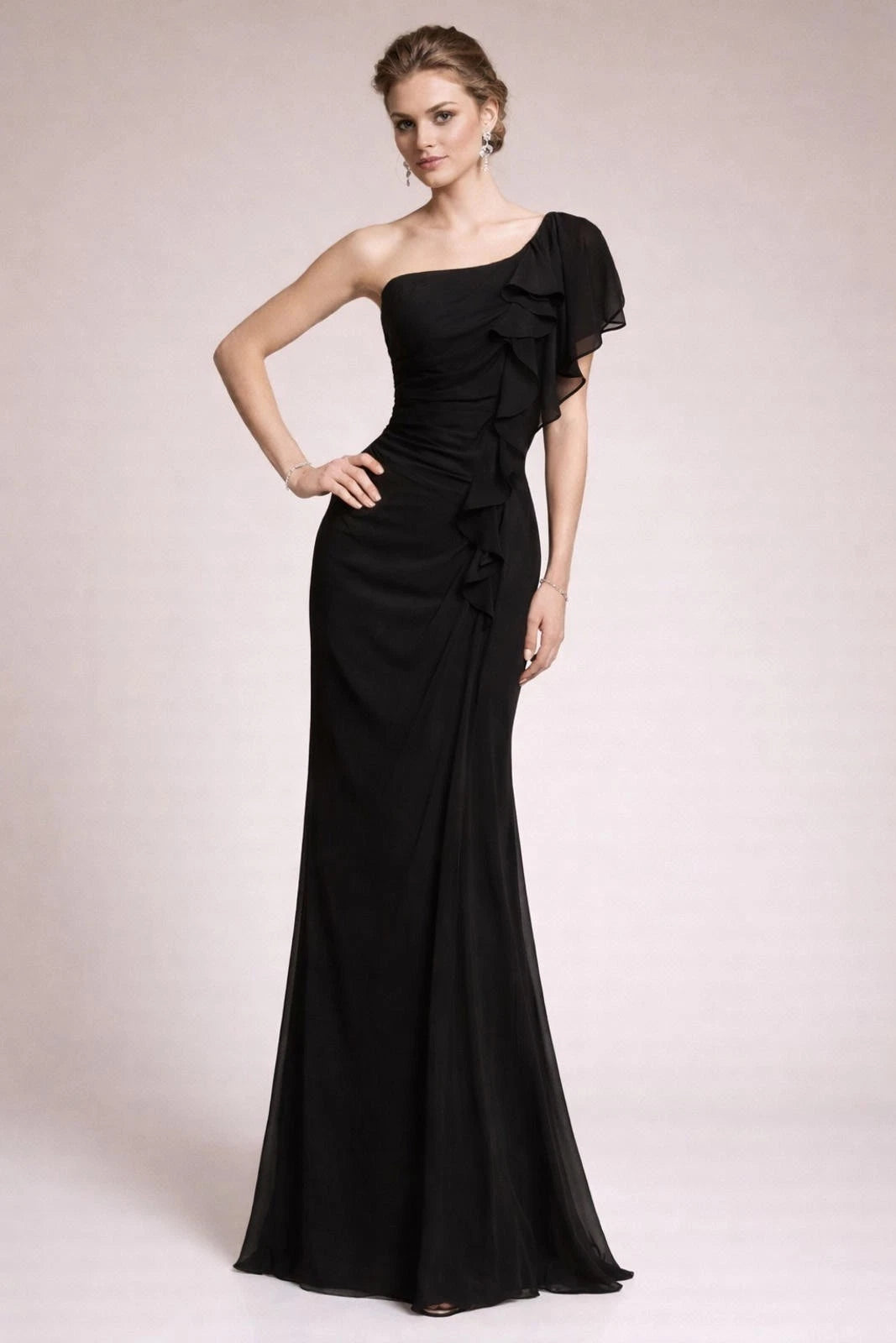 646 Black One-Shoulder Chiffon Evening Gown Formal Prom Gala