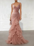 Spaghetti Strap V Neck Ruched Dusty Pink Tulle Ruffle Mermaid Evening Gown