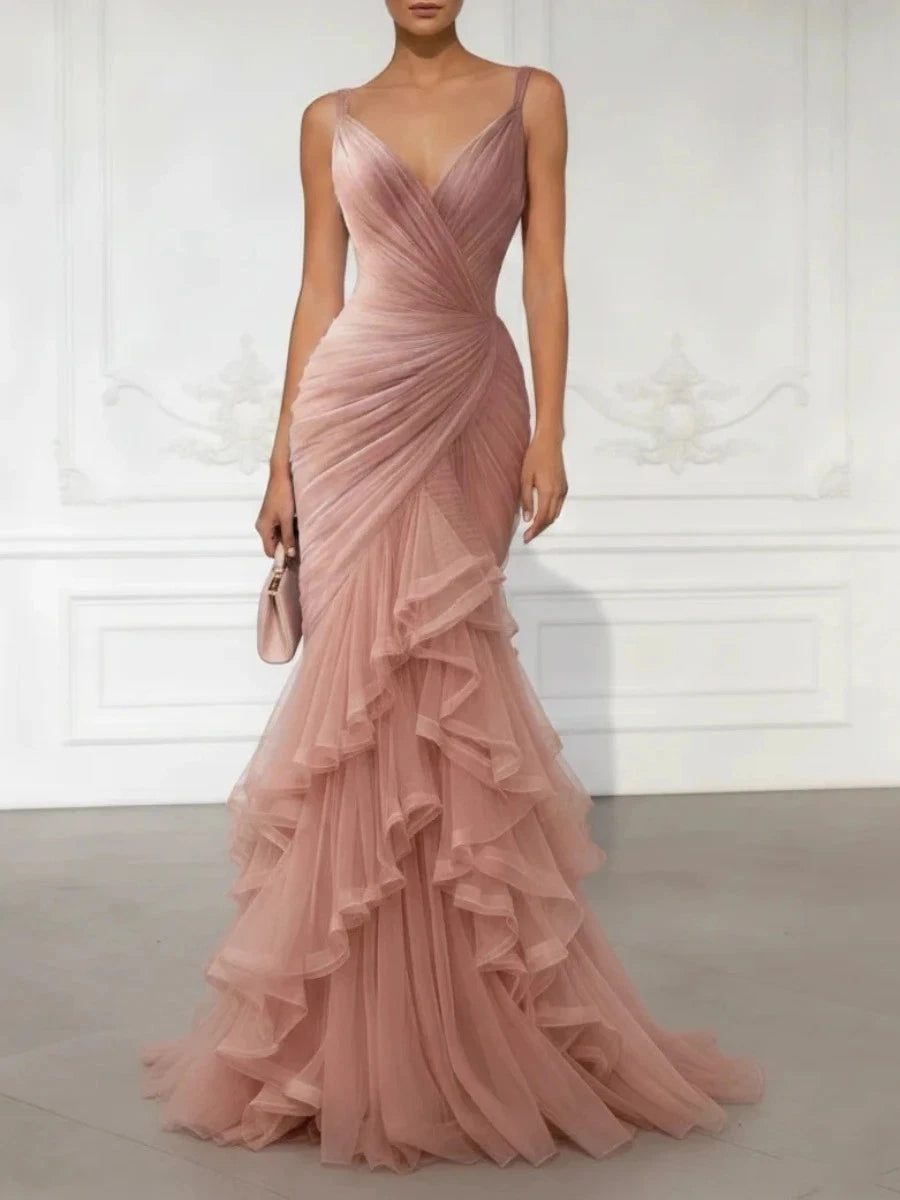 Spaghetti Strap V Neck Ruched Dusty Pink Tulle Ruffle Mermaid Evening Gown